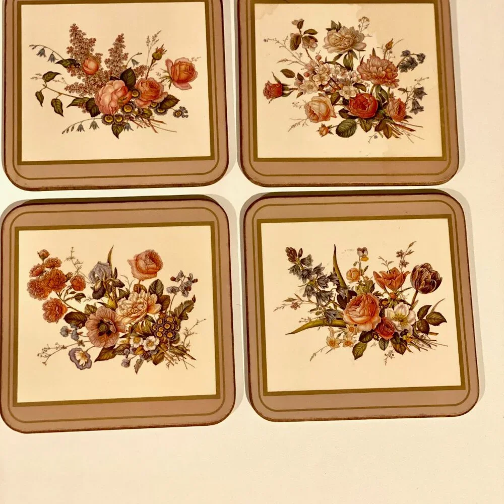 Set of 4 Vintage Floral Coasters with Cork Backing, Made in England - Picture 6 of 8